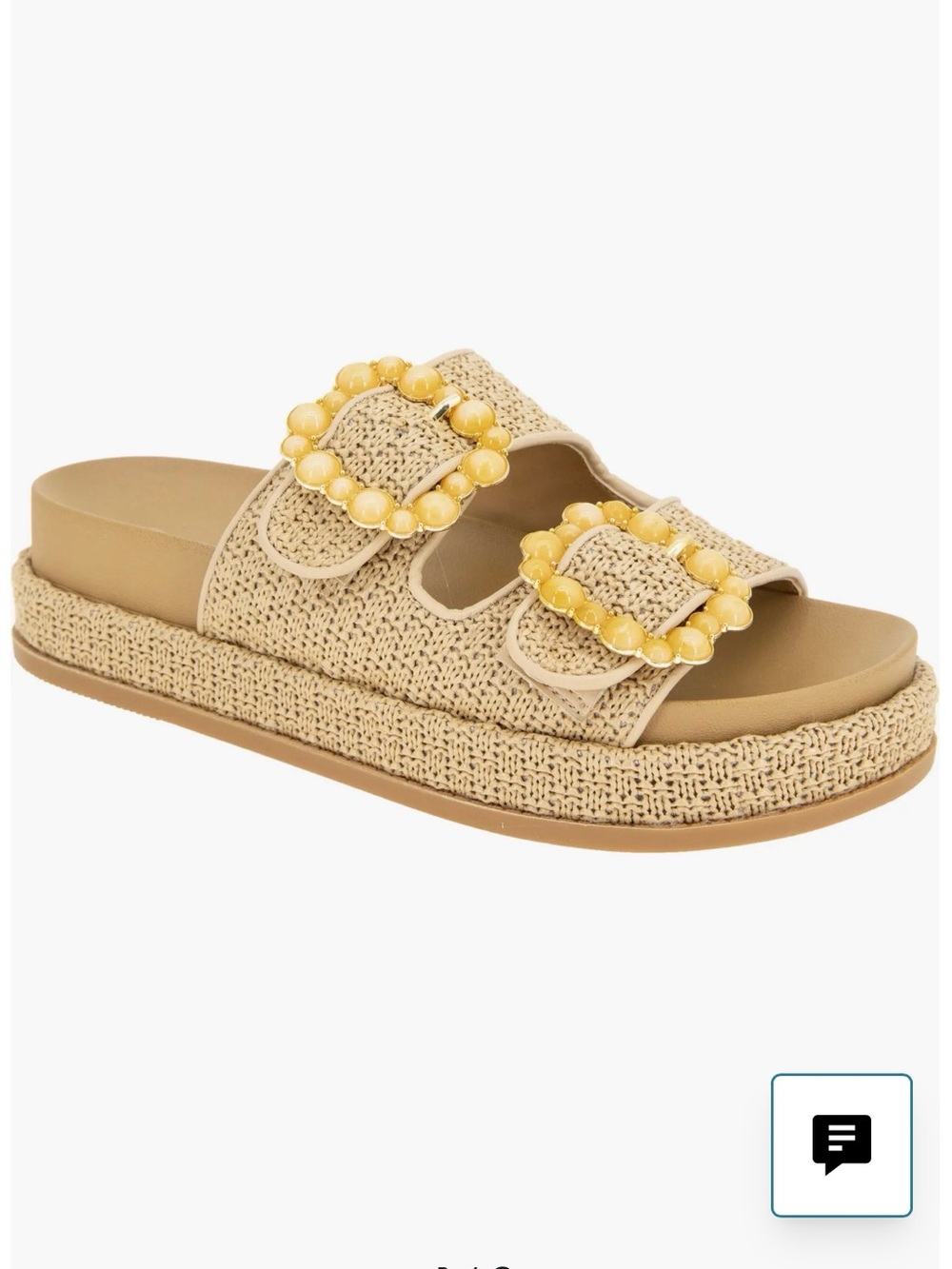 BCBGeneration Bixxie Beige Raffia Slide Sandals w/  Yellow Beaded Buckles Sz 7.5